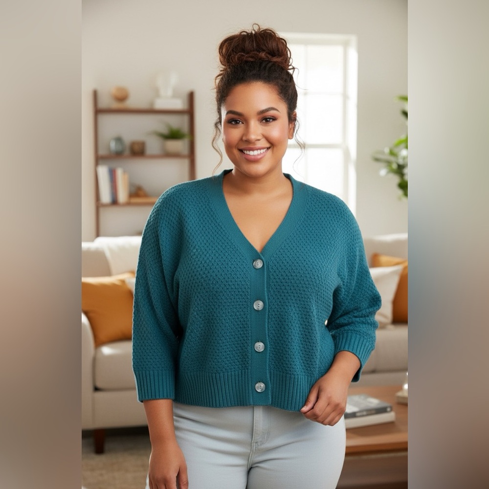 Sahalie Teal Textured Knit Cropped Cardigan 3X Button Front Sweater